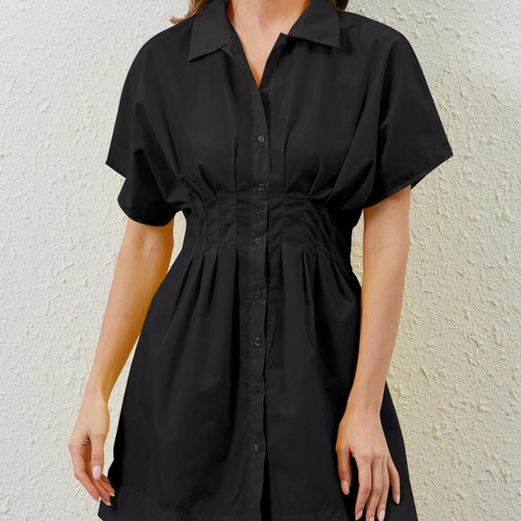 Women’s Cotton Pleated Button-Front Shirt Dress Mini Casual Summer - Picture 5 of 7